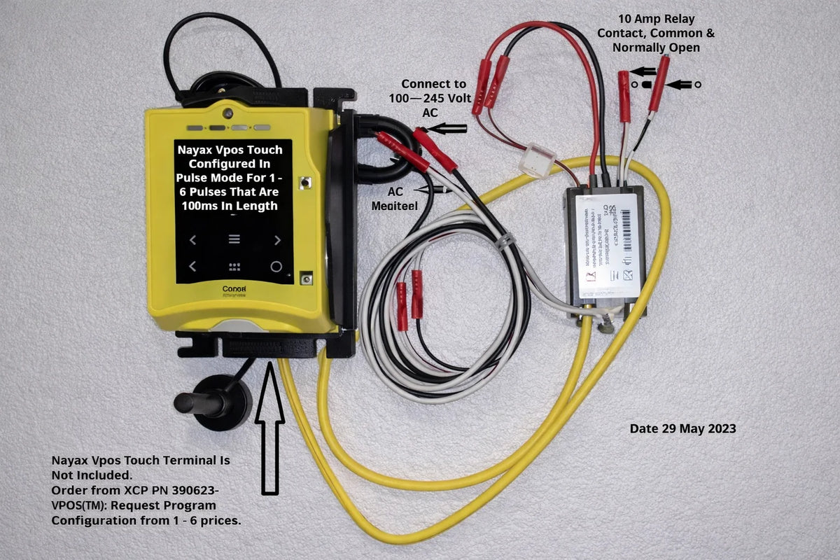 B1 - Nayax Vpos Touch Pulse Interface Optically Isolated 10A Controller Board Kit. Includes 12V 1 amp power supply for connection to 100~265VAC, Nayax Yellow Pulse Cable.