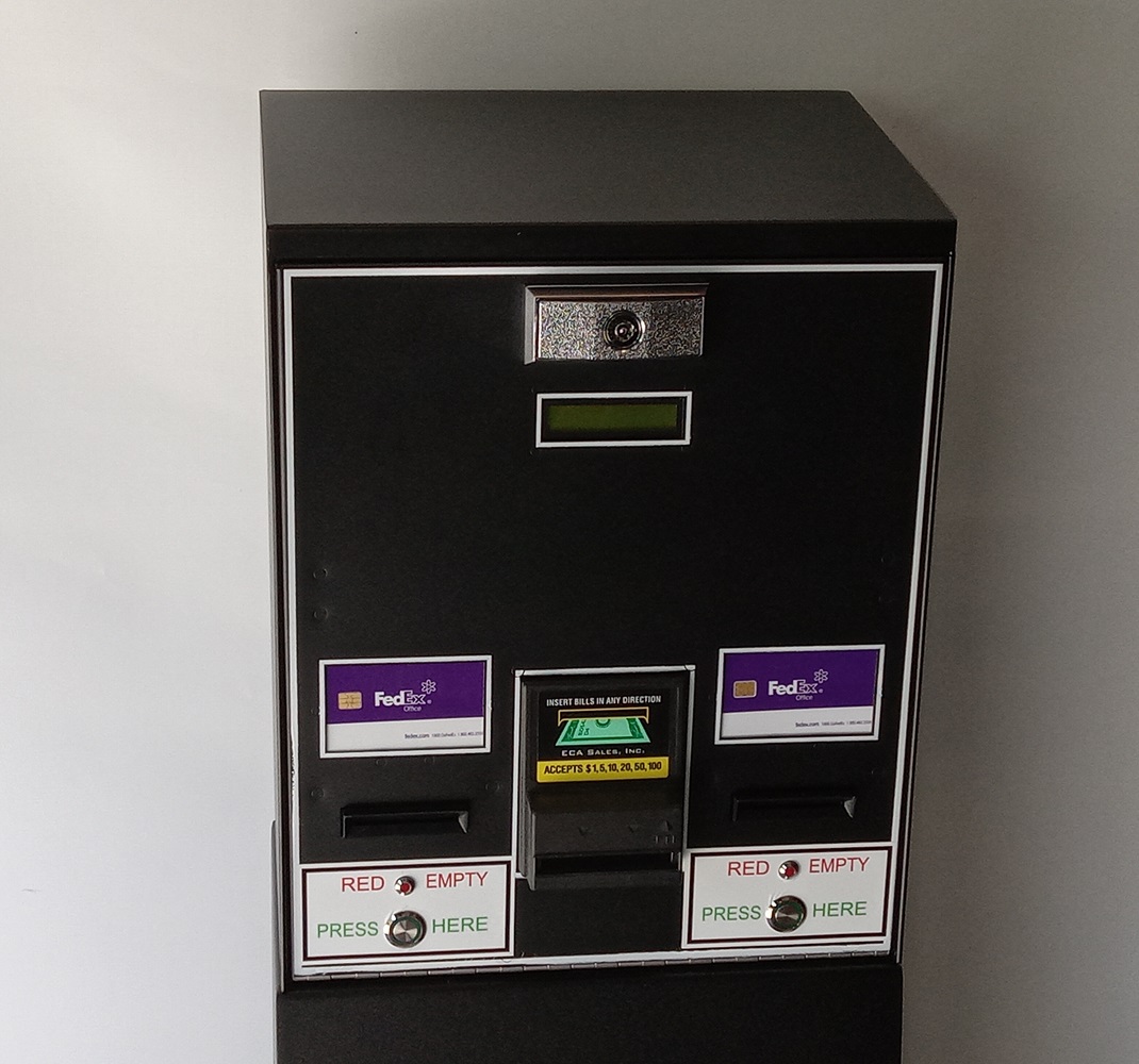 0.007 - Model 5002C Prepaid Dual Card & Ticket Dispenser Vending Machine. Accepts; $1 - $20, or $1 - $100. Optional Credit Cards. Illuminated Dual Row LCD. One Year Warranty