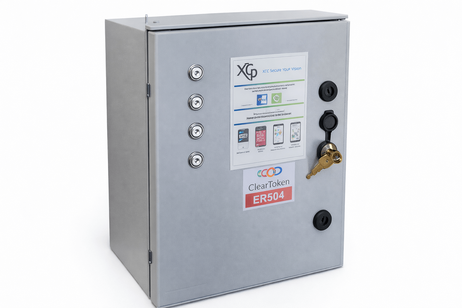 .0632C - Wired or Optional Wireless VendaVolt Clear Token Model 2004 Series Cashless 4 Push Button Selection Timer Payment Station for 1 - 4 Washer/Dryers Car Wash, Showers, Pickleball Court Lighting, RV Outlet Electricity. Pulse or Timed Vend Cycle