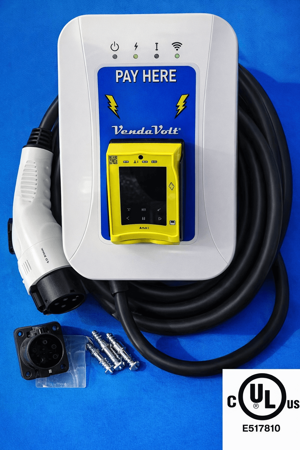 .6650 - VendaVolt M3P UL Listed Level 2 Electric Vehicle 40+ Amp Single Price & Time Count Up Cashless Payment Station. Can Be Wall Or Rectangle Style Pedestal Post. Accepts the Tesla Plug Adaptor. Ships in 3 days!