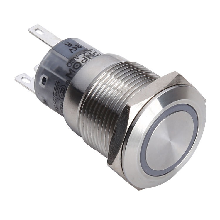 .227 - Push Button - Waterproof 19mm Stainless Steel Green 12V LED Outer Ring With Center Red "STOP" Momentary For Nayax Vpos Touch Cashless Payment Station