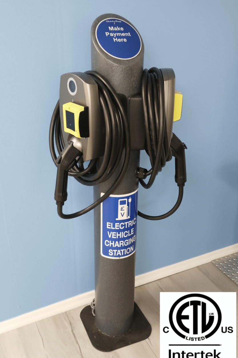 .6656 - Nayax Cashless Payment Dual VendaVolt Model 2002 Smart Level 2 EV Charger, 40 Amp 220V ETL Electrical Safety Certified, J1772 Plug With 25 Ft Cable, 54 Inch Pedestal Mounted Electric Vehicle Charging Station. Customer Selectable 6 Charge Times.