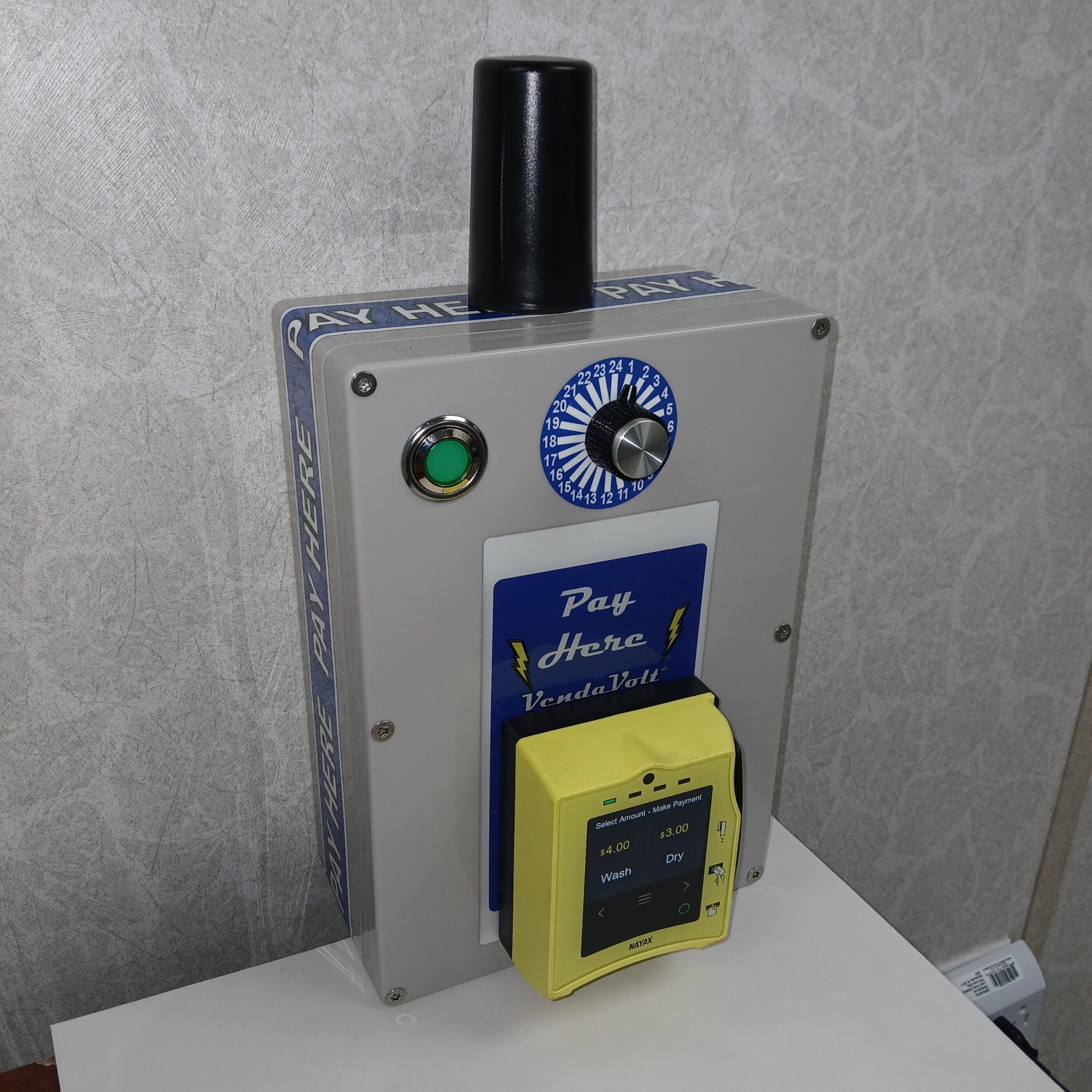 .052 – Nayax Powered VendaVolt Model 1024 Central Cashless Payment Station For Upgrading Or Retrofit Of 1 – 23 Coin Operated Washers & Dryers. Accepts; Visa, MasterCard, Discover & American Express Plus Also Apple Pay & Google Wallet!